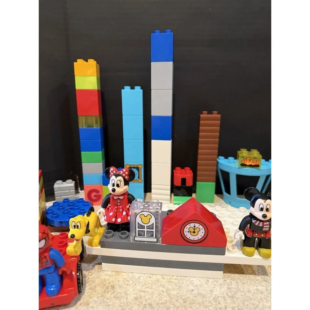 Lego Duplo Huge Lot 9 Figures Mickey Minnie Spiderman Pluto + Bricks Vehicles